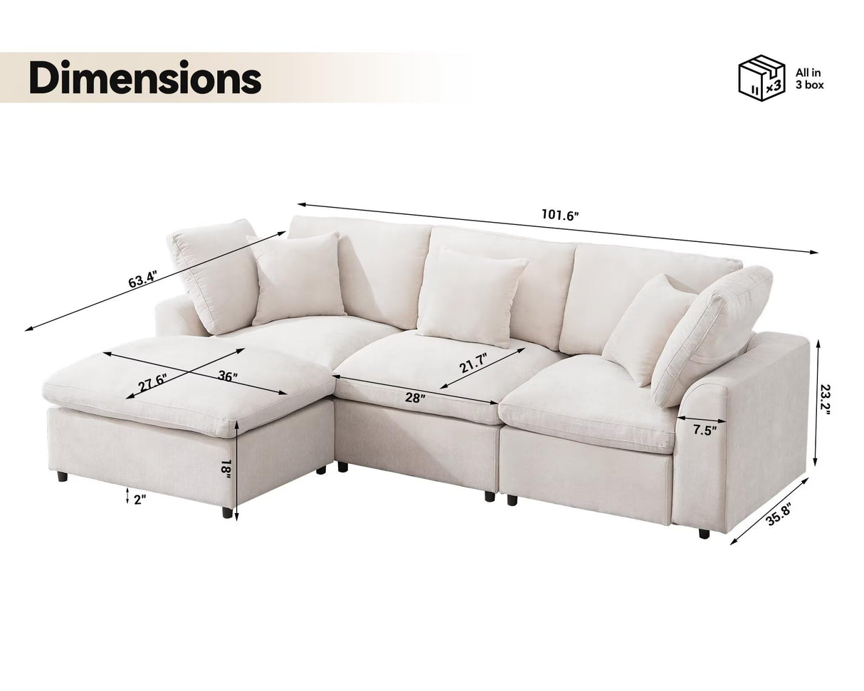 POYISOU 101" Cloud Couch Sectional Sofas for Living Room, L Shaped Modular Couch with Ottoman, Large Convertible Modern 3 Seats Sofa Chenille Comfy Couches for Apartment Lounge, Beige POYISOU