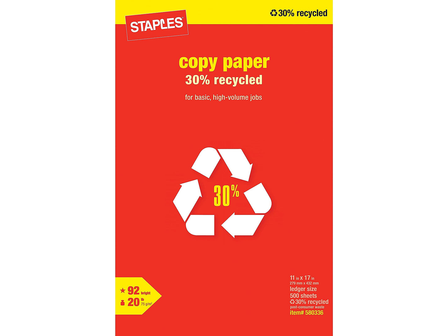 Staples 580336 30% Recycled 11x17 Paper 20 lbs 92 Bright 500/RM