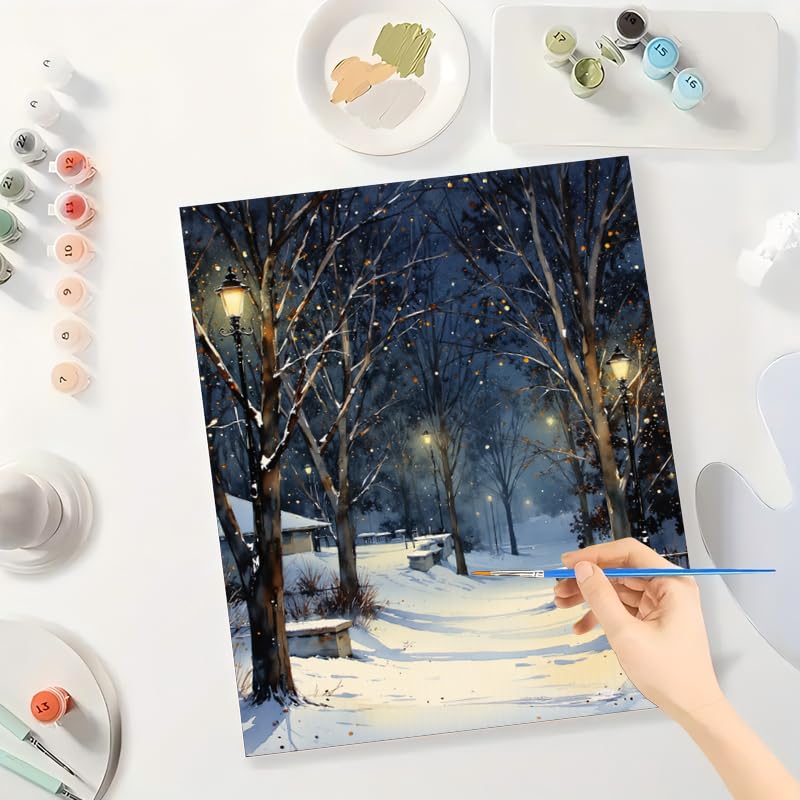 Winter Landscape Paint by Numbers Kit for Adults - DIY Snowy Park Path with Lanterns Painting on Canvas 16x20 Inches, Acrylic Paint Set, Suitable for Beginners, Art for Home Decoration or Gifts DecorFriday