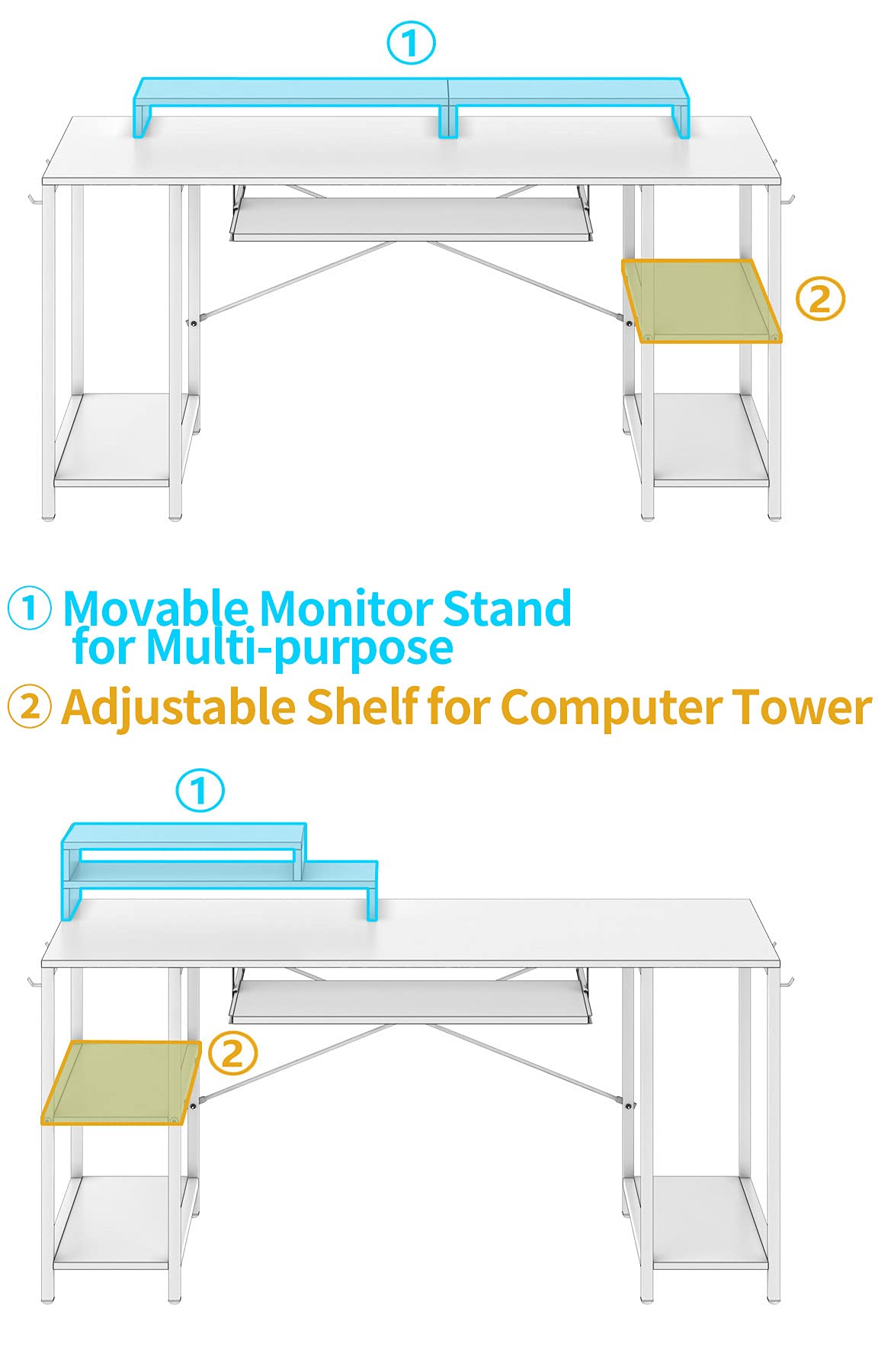 HYPIGO Workstation Desk with Keyboard Tray, 55 Inch Computer Desk with Storage Shelves Monitor Stands and 4 Iron Hooks, Industrial Desk for Home Office HYPIGO
