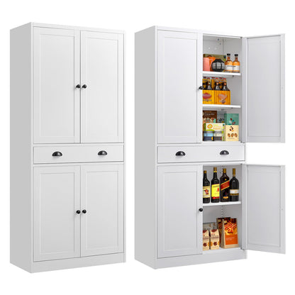 71" Kitchen Pantry Cabinet, Metal Storage Cabinets with Adjustable Shelves and Drawer, White Pantry Cabinets, 4 Doors Metal Pantries Cabinet for Kitchen, Dining Room, Living Room - Assembly Required