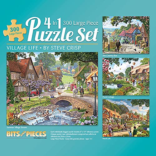 Bits and Pieces – 4-in-1 Multi-Pack 300 Piece Jigsaw Puzzles for Adults – Village Life by Artist Steve Crisp, Completed Puzzle Size: 16" x 20"
