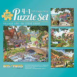 Bits and Pieces – 4-in-1 Multi-Pack 300 Piece Jigsaw Puzzles for Adults – Village Life by Artist Steve Crisp, Completed Puzzle Size: 16" x 20"