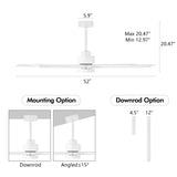 ELEHINSER 52" Modern Ceiling Fan with Light and Remote Control, 5 Solid Wood Blades 6-Speed Noiseless Reversible DC Motor, Ceiling Fan for Bedroom Dinning Living Room, White ELEHINSER