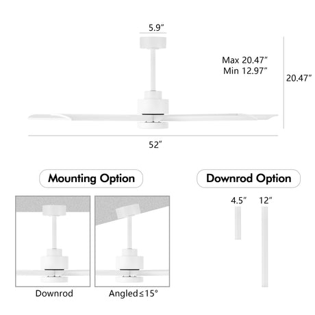 ELEHINSER 52" Modern Ceiling Fan with Light and Remote Control, 5 Solid Wood Blades 6-Speed Noiseless Reversible DC Motor, Ceiling Fan for Bedroom Dinning Living Room, White ELEHINSER