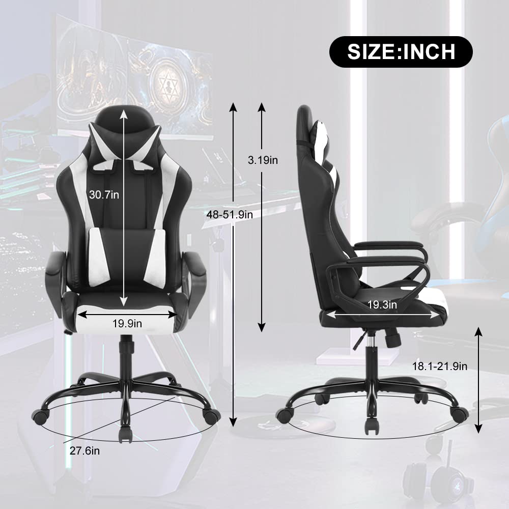 High Back Gaming Chair PC Computer Chair Office Chair for Adult Teen Kids, Ergonomic PU Leather Game Chair w/Lumbar Support Headrest Adjustable Rolling Swivel Desk Chair, White Dkeli