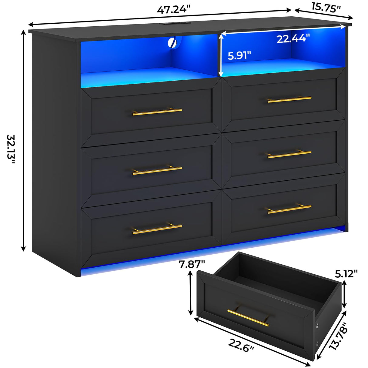VIAGDO 6 Drawer Dresser with LED Lights and Charging Station, Black Bedroom Dresser with Open Storage, Modern Wood Chest of 6 Drawers Closet Organizers Storage Cabinet for Bedroom VIAGDO