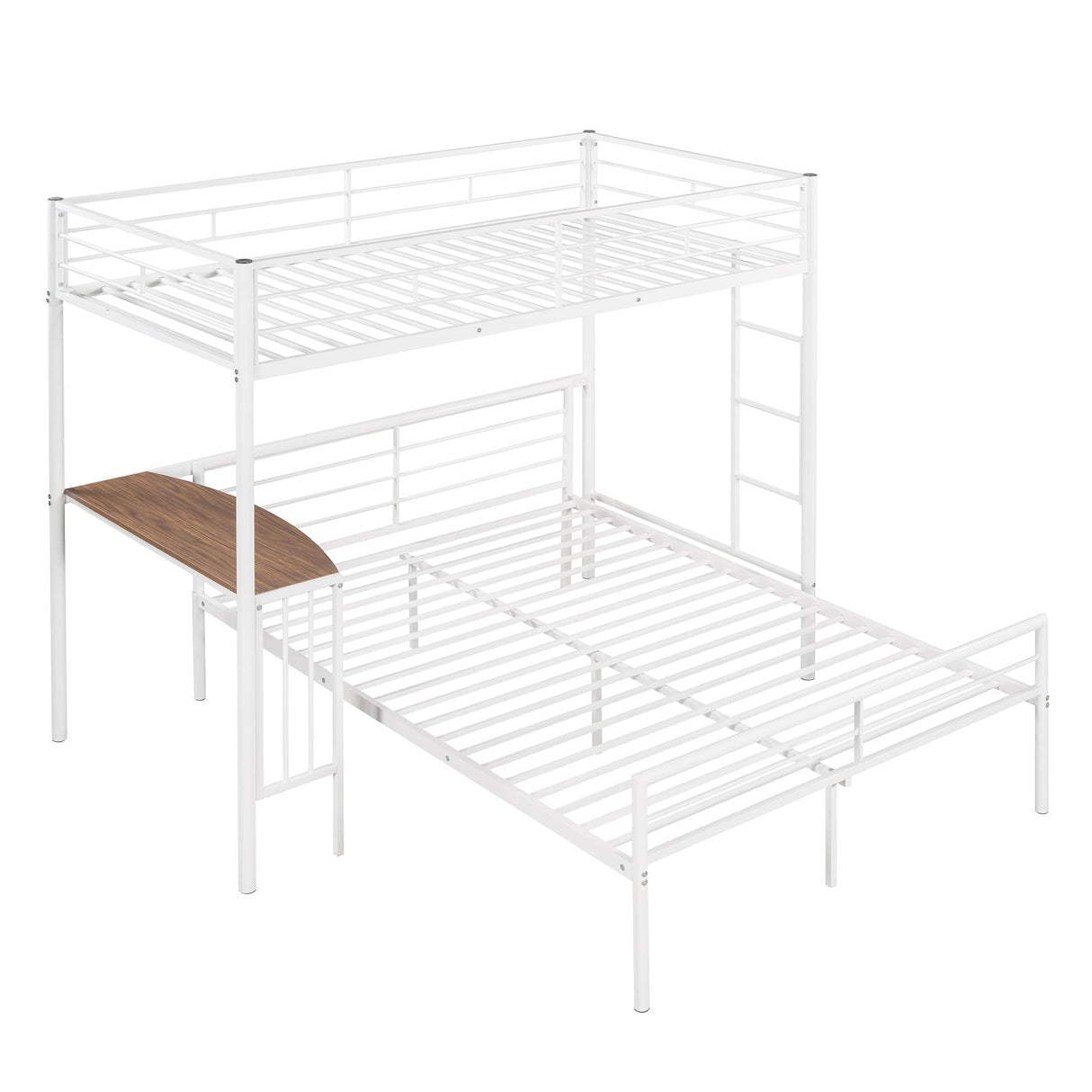 Merax Twin Over Full Metal Bunk Bed Frame, Loft Platform with Desk, Mattress Foundation with Steel Slat for Bedroom, Metallic White Merax