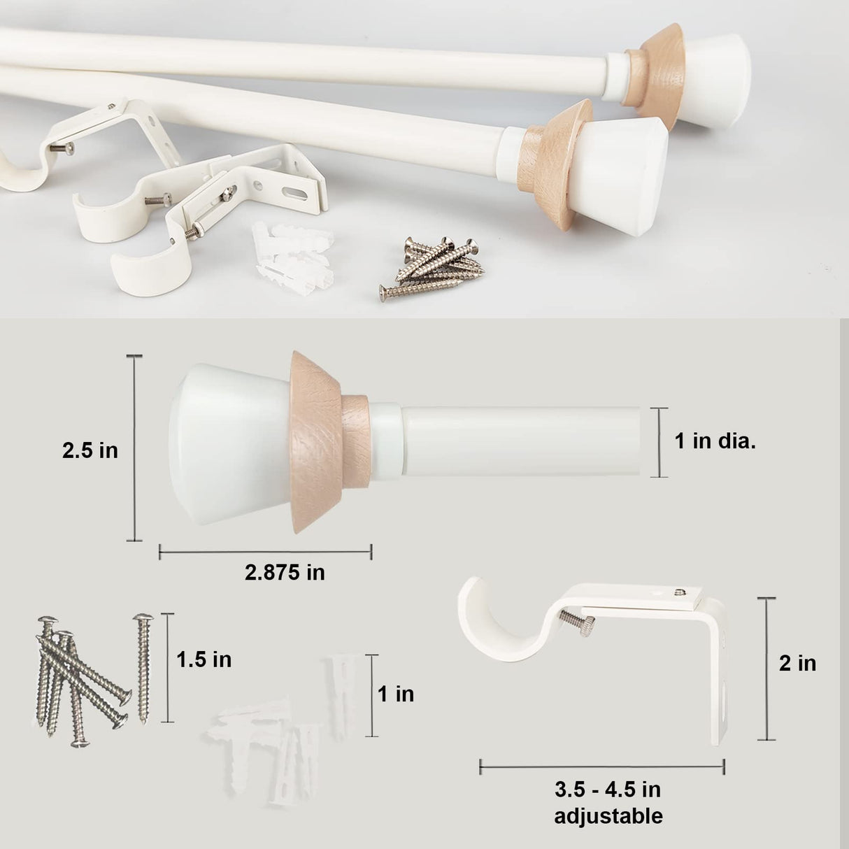 SKYPLUS LIVING Nordic Style White Single Curtain Rod Set with Decorative Finials, 36-72 inch, Standard Single Drapery Rod for 1 Pack, 1 Inch diameter, Adjustable Length (36-72'', White) SKYPLUS LIVING