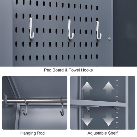 GREATMEET 65" H Broom Closet, Broom Closet Cabinet with Pegboard and Hanging Rod, Cleaning Tool Storage Cabinet, Tall Metal Utility Closet with Locking Doors for Bathroom, Garage GREATMEET
