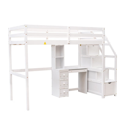 Harper & Bright Designs Twin Loft Bed with Stairs, Desk, Shelves, and Storage Drawers in White - WoodArtSupply