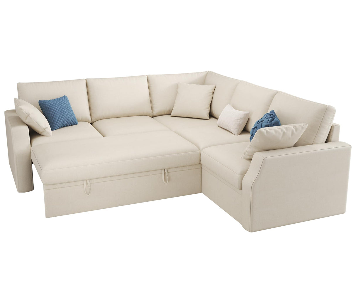 VanAcc Sofa Bed, 85 Inch Sleeper Couch with Storage Seat, L Shaped Sofa with Pull Out Sofa Bed, Sectional Couches for Living Room Apartment, Beige Linen Couch Sofa VanAcc