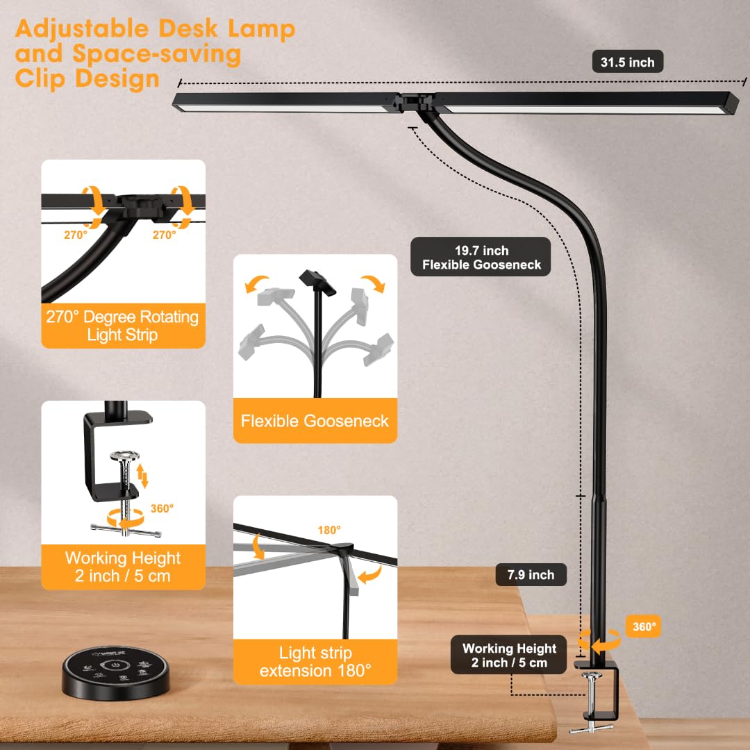 Led Desk Lamp for Office Home - Eye Caring Architect lamp with Clamp,Dual Screen Computer Monitor Gooseneck Smart Light: 24W 5 Color Flexible Adjustable Lighting Table Lamp for Study Drafting Pzloz