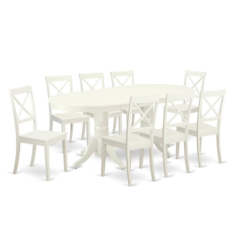 East West Furniture VABO9-LWH-W 9 Piece Modern Dining Table Set Includes an Oval Wooden Table with Butterfly Leaf and 8 Kitchen Dining Chairs, 40x76 Inch, Linen White East West Furniture