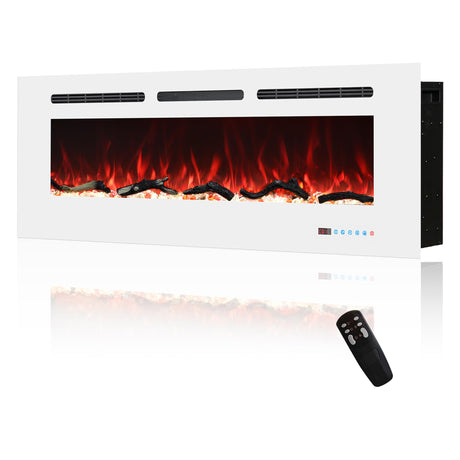 Velaychimney Electric Fireplace, 48" Wall Mounted Electric Heater with/Thermostat, Adjustable Flame & Bed Color, Timer, Remote & Touch Screen Control, 750/1500W, Log/Crystal, White Velaychimney