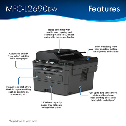 Brother MFC-L2690DW Monochrome Laser All-in-One Printer, Print Scan Copy Fax, Auto 2-Sided Printing, Wireless Connectivity, 26ppm, 250-sheet, Compatible with Alexa, Bundle with JAWFOAL Printer Cable