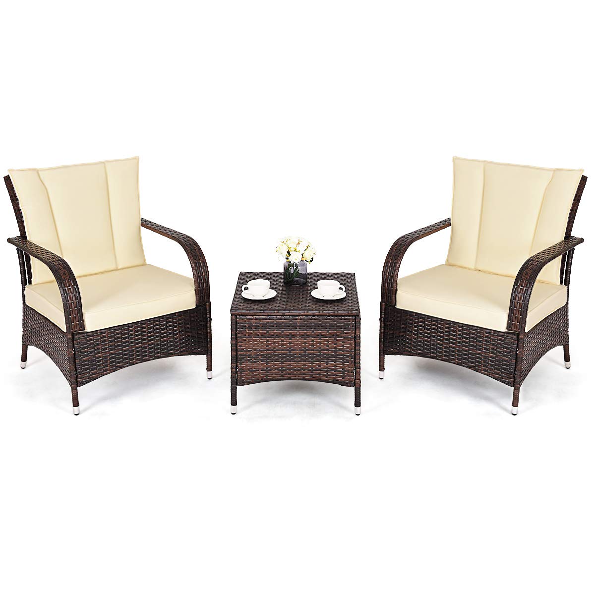 Tangkula 3 Piece Patio Furniture Set, 2 Wicker Chairs with Glass Top Coffee Table, Outdoor Garden Porch Poolside Furniture Set for 2, Rattan Conversation Set Tangkula