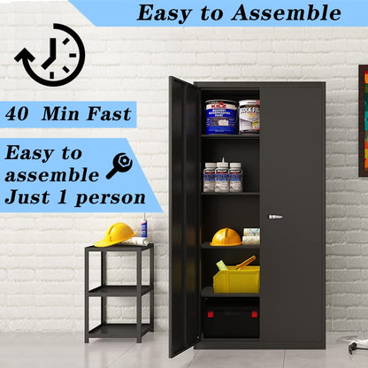 GREATMEET Metal Storage Cabinet with 4 Adjustable Shelves and Locking Doors, Tall Utility 72" H Locking Steel for Office,Pantry,Garage, Black - WoodArtSupply