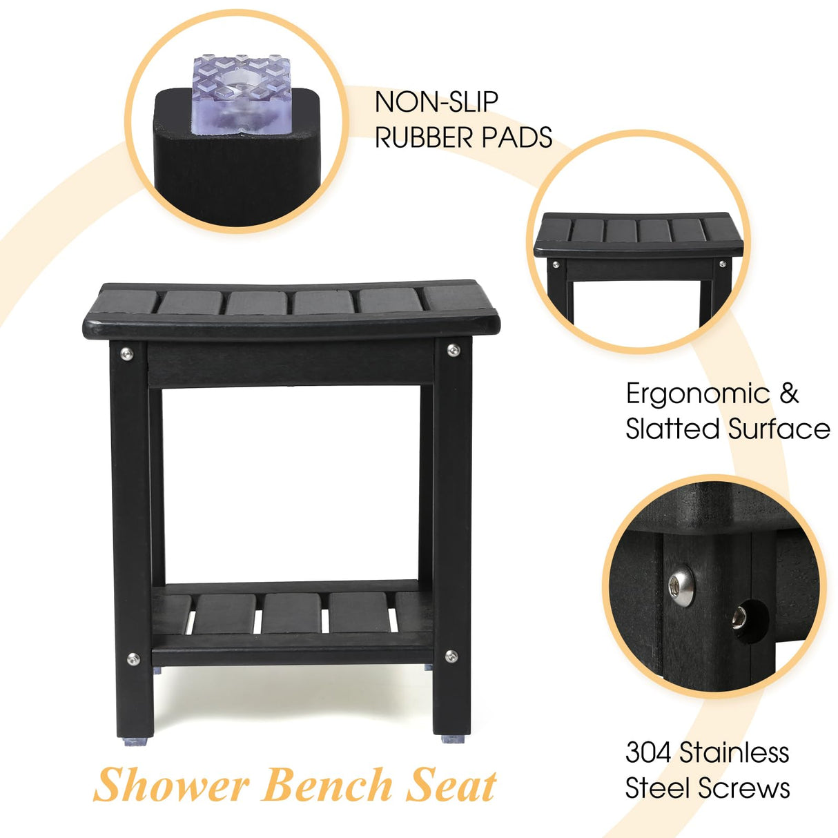 Apolimi Shower Chair,HDPE Shower Bench for Inside Shower to Sit On It, Shower Stool with Storage Shelf 2-Tier Spa Stool for Elderly,Water Resistant & Non-Slip Design Shower Seat Bench (Black S Size) Apolimi