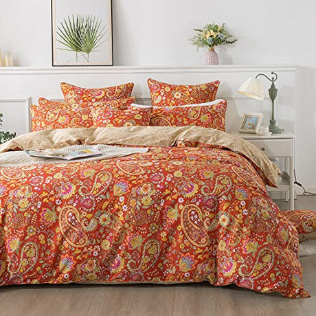 FADFAY Paisley Duvet Cover Set Queen Bohemian Damask Paisley Bedding Luxurious Orange Boho Paisley Comforter Cover Set 100% Cotton Ultra Soft Quilt Cover with Hidden Zipper Closure 3Pcs, Queen Size FADFAY