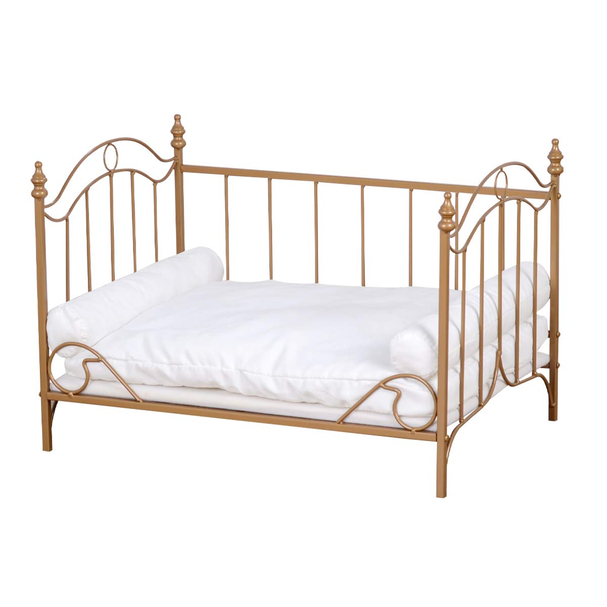 Pet Bed, Dog Bed with Metal Frame and Detached White Velvet Cushion with 2 Pillow for Small Dog Babyland