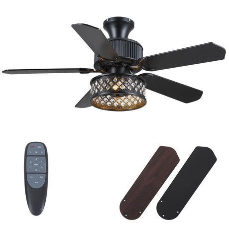Danilong 42" Ceiling Fans with Lights and Remote, Retro Low Profile Flush Mount Ceiling Fans with Crystal Cage, 6 Speeds Reversible Dual Finish Wooden Blades Fandelier for Kitchen Bedroom Dining Room Dannilong