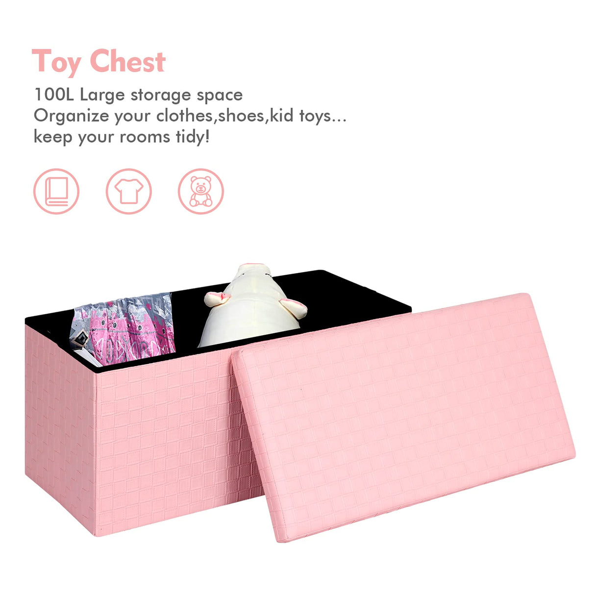 B FSOBEIIALEO Folding Storage Ottoman, Faux Leather Footrest Seat Long Bench Toy Box Chest for Girls, Pink 30"x15"x15" B FSOBEIIALEO