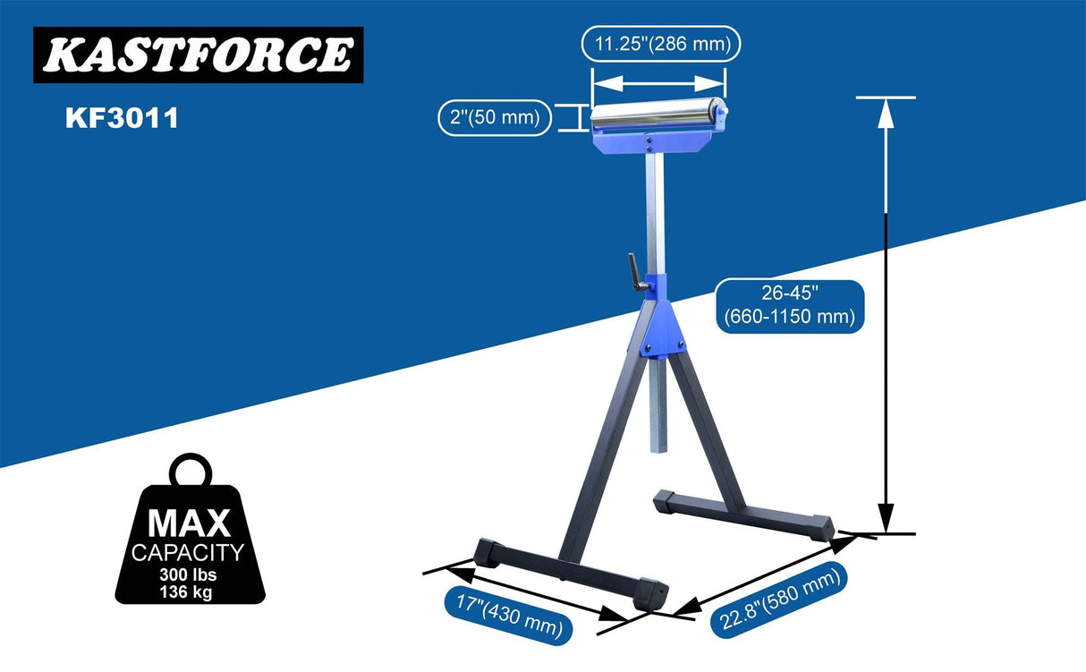 KASTFORCE Heavy-Duty Roller Stand with 2 Inch Roller 300 Lbs 136 kg Capacity, Adjustable Miter Saw Extension, Folds Flat for Easy Storage, Galvanized 2 Inch 50mm Stainless Steel Roller KF3011 KASTFORCE