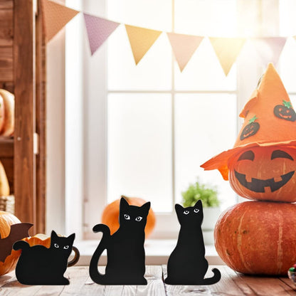 MEKOUZON Halloween Wooden Black Cat Decorations, Set of 3 Fall Cats Figurines Ornaments for Tiered Tray, Shelf and Fireplace Decor, Farmhouse Halloween Cats for Cat Lovers, Office Supplies