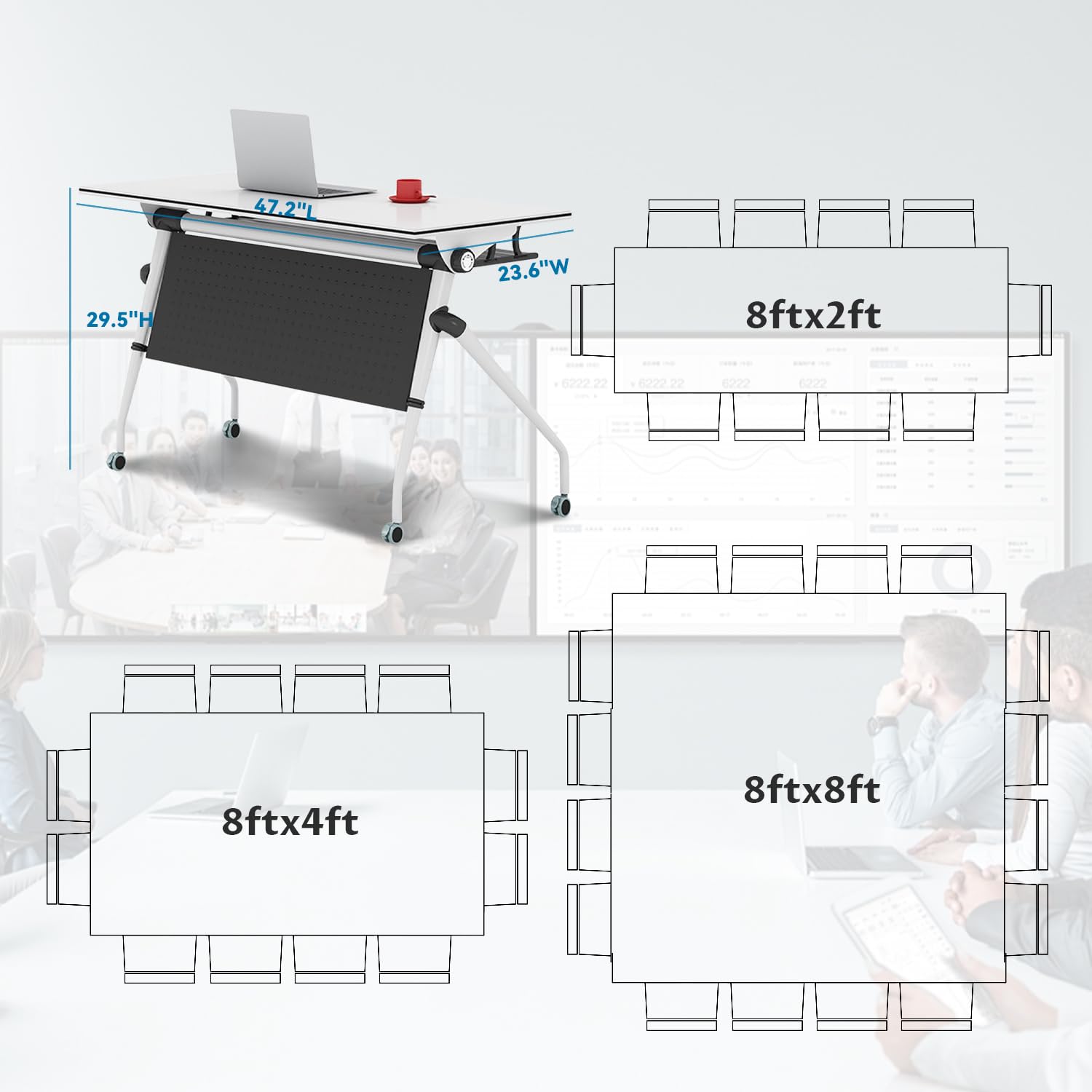 Folding Conference Table,47.2x23.6x29.5in Modern Conference Room Table Seminar Mobile Training Table,with Caster Modular Flip Top Meeting Table for Office Conference Room (White, 8 Pack) - WoodArtSupply