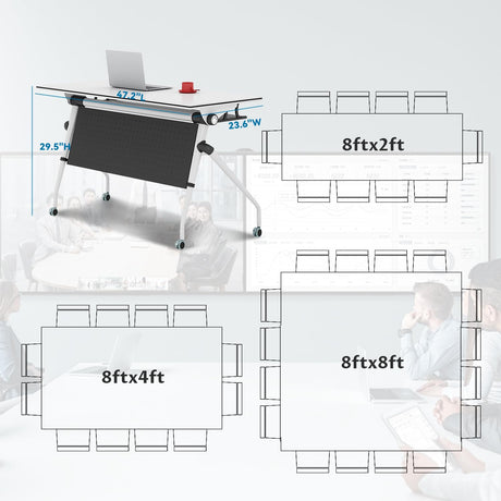 Folding Conference Table,47.2x23.6x29.5in Modern Conference Room Table Seminar Mobile Training Table,with Caster Modular Flip Top Meeting Table for Office Conference Room (White, 8 Pack) Crevew