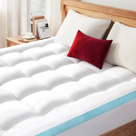 STWIENER King Mattress Topper, Pillow Top Mattress Topper for Back Pain Relief, Extra Thick Mattress Pad Deep Pockets for 8"-21", Soft Down Alternative Fill Mattress Protector, Blue Stripe STWIENER