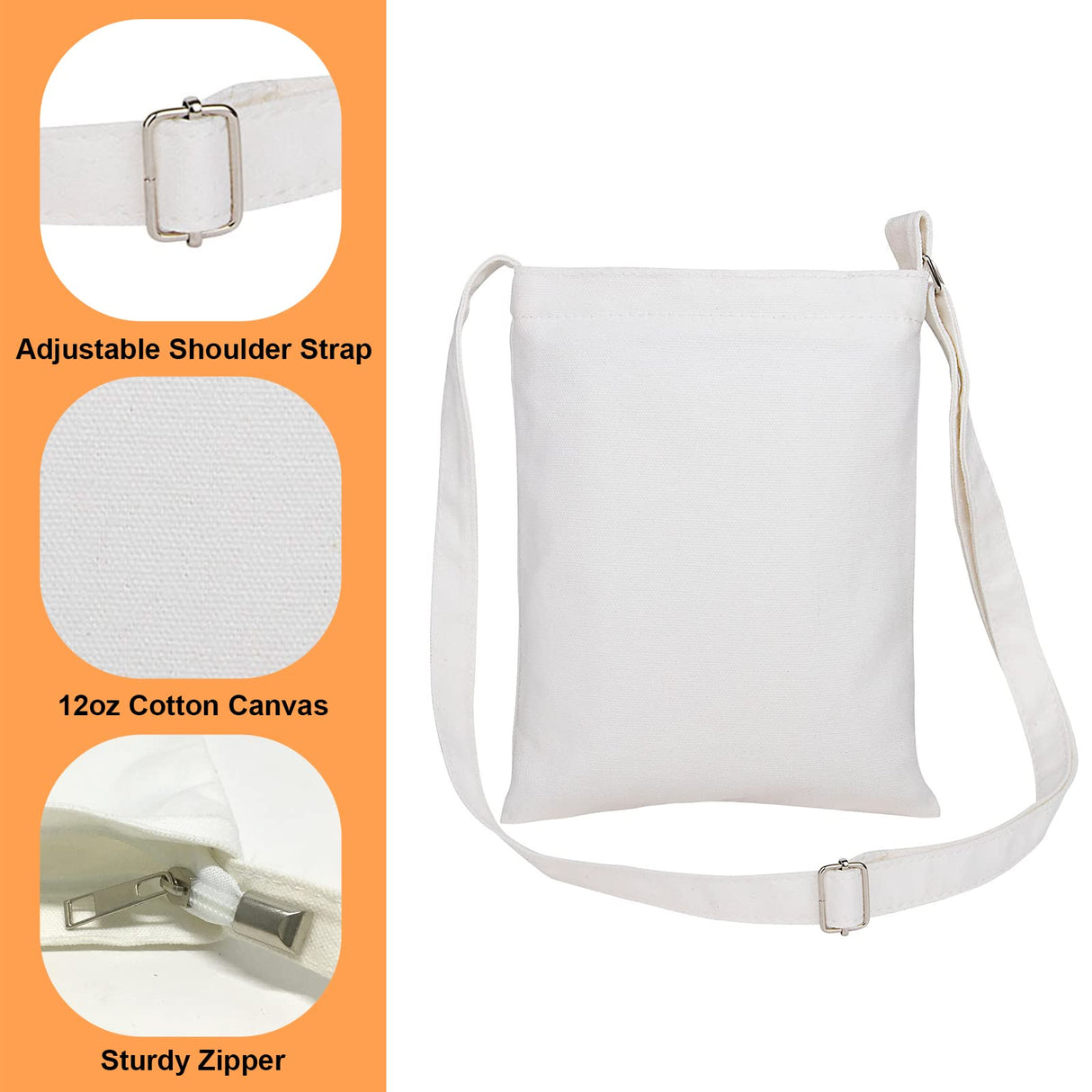 Muka 4 Pack Small Crossbody Canvas Zipper Bag, 7 x 9 Inch White Bag for DIY Craft Muka