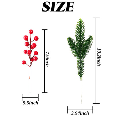 RONYOUNG 32PCS Artificial Pine Branches Christmas Holly Berries Artificial Red Berry Stems for Christmas Wreath Decorations Xmas Tree Decoration