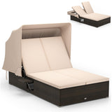 RELAX4LIFE Outdoor Daybed with Retractable Canopy - Wicker Double Chaise Lounge w/6-Position Backrest, 2 Folding Side Trays & Cushions, 2-Seater Loveseat Sunbed for Backyard, Rattan Patio Bed Lounger RELAX4LIFE