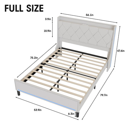 Vabches Off White Full Size Bed Frame with LED Lights and Charging Station - WoodArtSupply