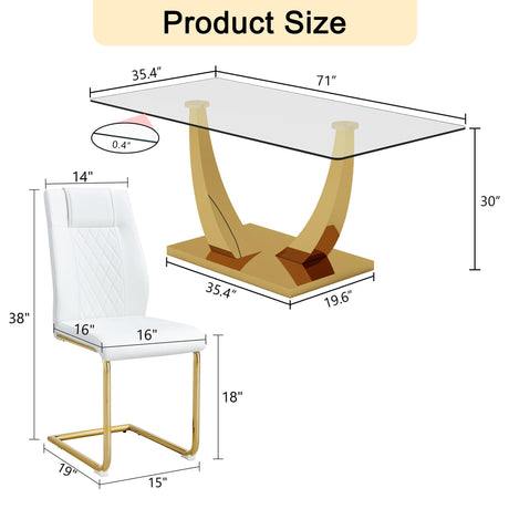 JEARGE Glass Dining Table Set for 6, Modern Kitchen Table Set for 6, 71" Tempered Glass Tabletop with U-Shaped Gold Base, 7 Ppiece Large Dining Room Table Set with White PU Leather Chairs JEARGE