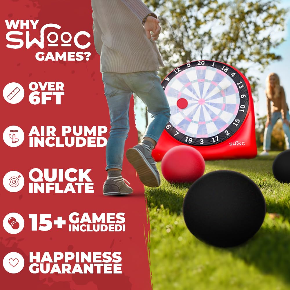 SWOOC Games - Giant Kick Darts (Over 6ft Tall) with 15+ Games Included - Jumbo Soccer Darts with Air Pump - Big Inflatable Games - Carnival Games - Giant Outdoor Games & Activities - Giant Yard Games SWOOC