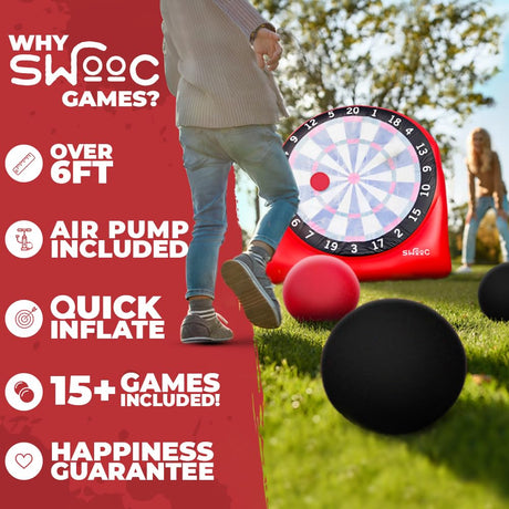 SWOOC Games - Giant Kick Darts (Over 6ft Tall) with 15+ Games Included - Jumbo Soccer Darts with Air Pump - Big Inflatable Games - Carnival Games - Giant Outdoor Games & Activities - Giant Yard Games SWOOC