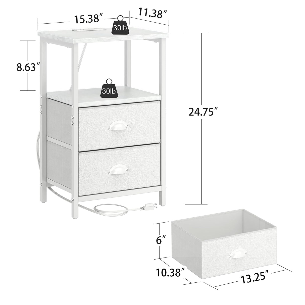 sthmec Nightstand with Charging Station, LED Night Stand Set 2, Bedside Table End Tables Set of 2, Bedroom Tables with 2 Fabric Drawers PU Finish, 3-Tier Storage Side Table for Bedroom,White sthmec