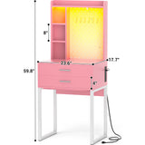 Besiost Small Vanity Desk with Hutch and Drawers, Pink Makeup Vanity Desk with Charging Station, Vanity Table Dressing Table with LED Lights, Vanity Desk No Mirror with Pegboard for Girls Women, 24" Besiost