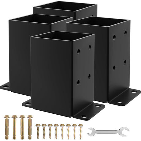 AOSTD 4x4 Post Base 4 Pcs- Inner Size 3.5x3.5 Inch Wood Fence Post Anchor - 13 Gauge Heavy Duty Solid Steel Black Powder-Coated Railing Post Brackets for Support Deck, Pergola - Includes Screws AOSTD