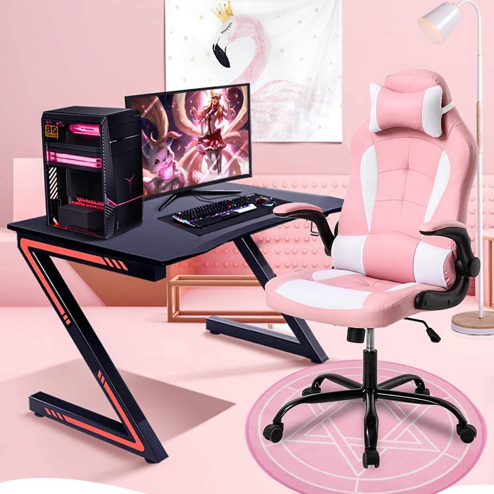 Gaming Chair for Adult, Kids Pink Office Desk Chair Ergonomic High Back Computer Chair with Lumbar Support Flip-up Arms Headrest PU Leather Swivel Task Chair for Girls