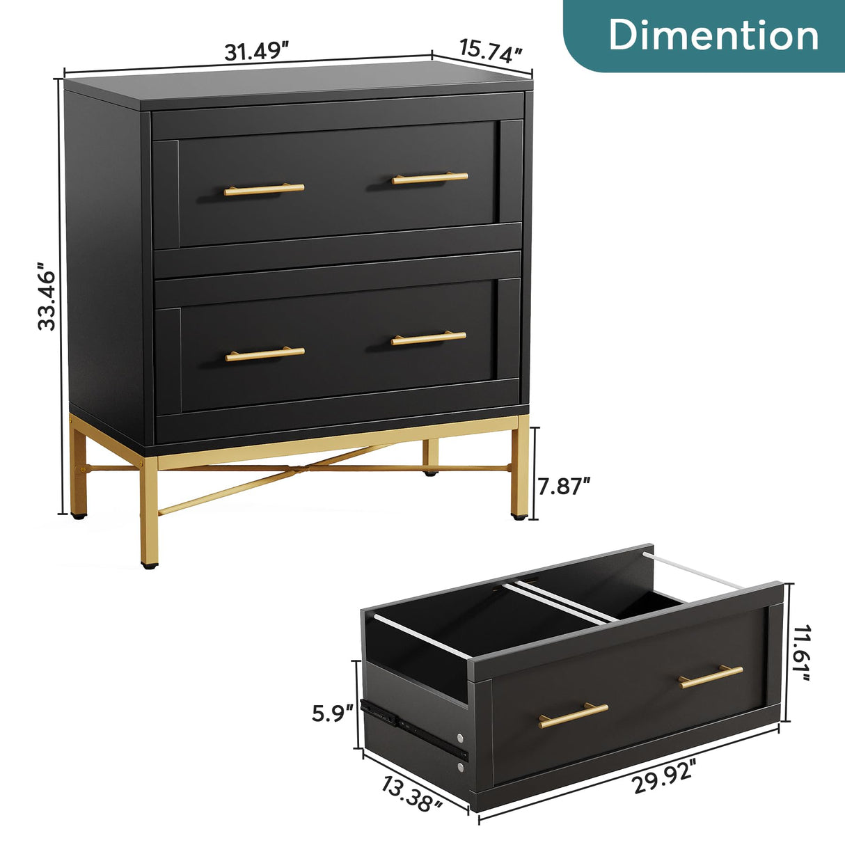Tribesigns 2 Drawer File Cabinet, Modern Lateral Filing Cabinet for Letter/Legal/A4 Size, Large File Storage Cabinets Printer Stand with Storage for Home, Office, Black/Gold Tribesigns