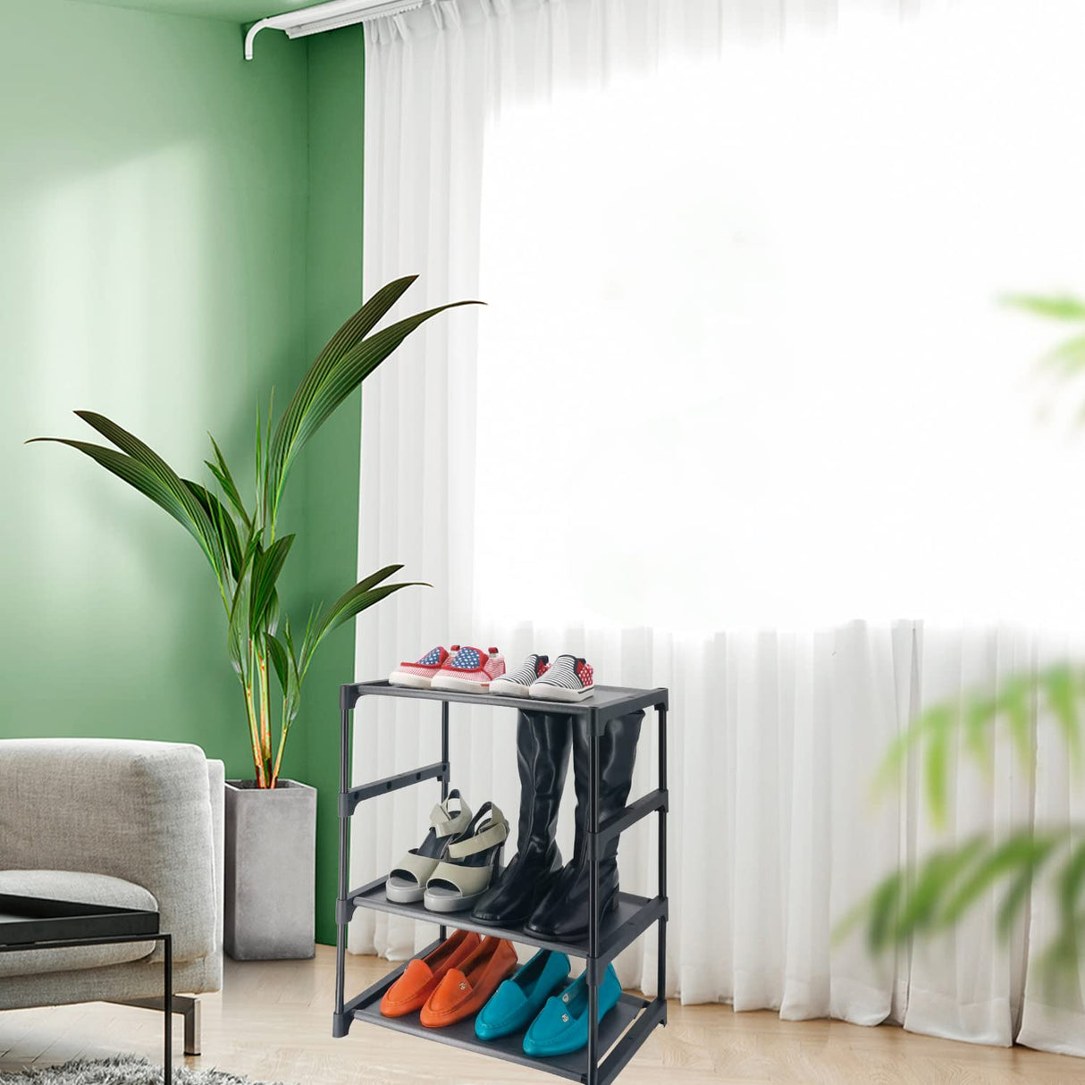 HITHIM 4 Tiers Small Shoe Rack,Narrow Stackable Shoe Shelf Organizer,Sturdy Shoe Stand, Non-Woven Fabric Metal Shoe Racks for Entryway, Doorway and Bedroom Closet HITHIM