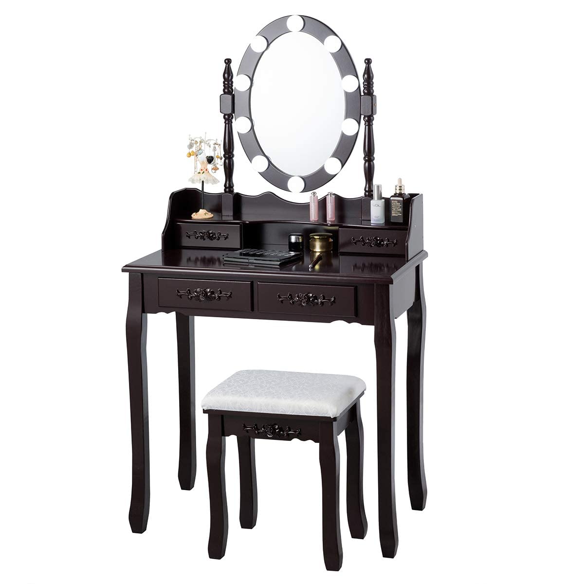 MAT EXPERT Vanity Desk Set with Lighted Mirror, Versatile Dresser w/Padded Stool & 4 Drawers, Makeup Organizer Table w/360° Rotatable Mirror & 10 Adjustable Light, Modern Bedroom Vanities (Brown) MAT EXPERT