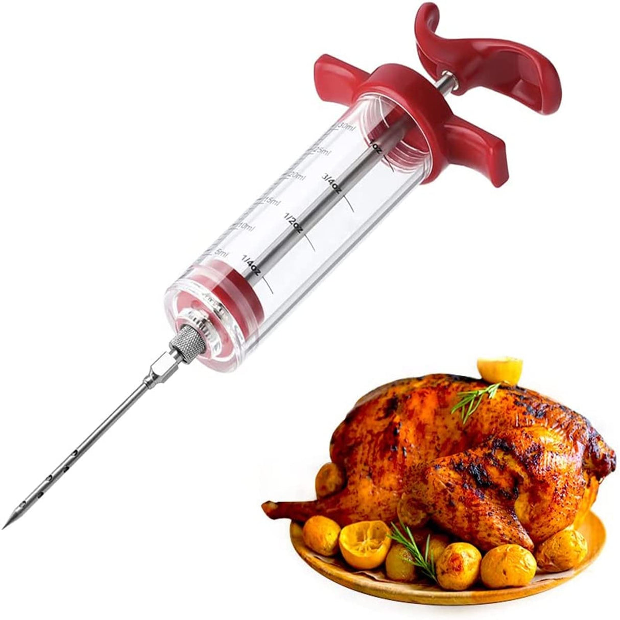 Meat Injector Syringe - 3 Marinade Injector Needles for BBQ Grill, Premium Portable Turkey Injector kit for Smoker,Marinades Injector for Meats With 1oz Large Capacity 1 Brush Easy to Use & Clean Red Kingsmile