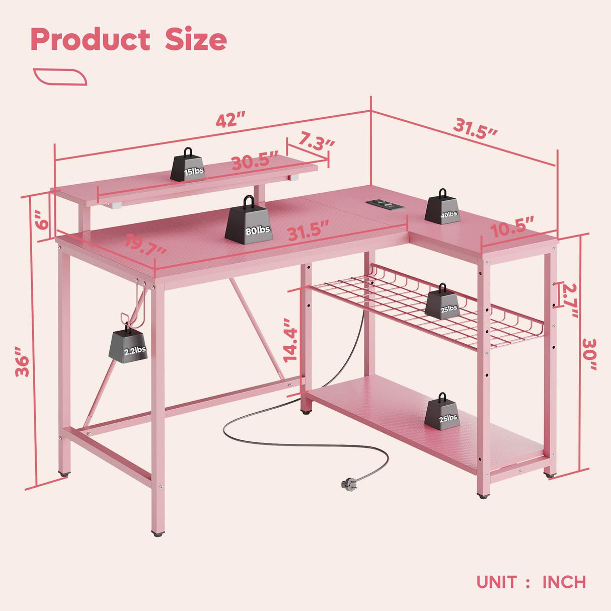 Bestier Gaming Desk with Power Outlets, 42" L-Shaped Gaming Desk with LED Lights, Desk with Reversible Storage Shelves & Hooks for Small Spaces, Bedrooms & Offices,Carbon Fiber Pink Bestier