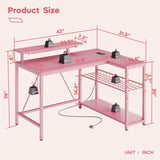 Bestier Gaming Desk with Power Outlets, 42" L-Shaped Gaming Desk with LED Lights, Desk with Reversible Storage Shelves & Hooks for Small Spaces, Bedrooms & Offices,Carbon Fiber Pink Bestier