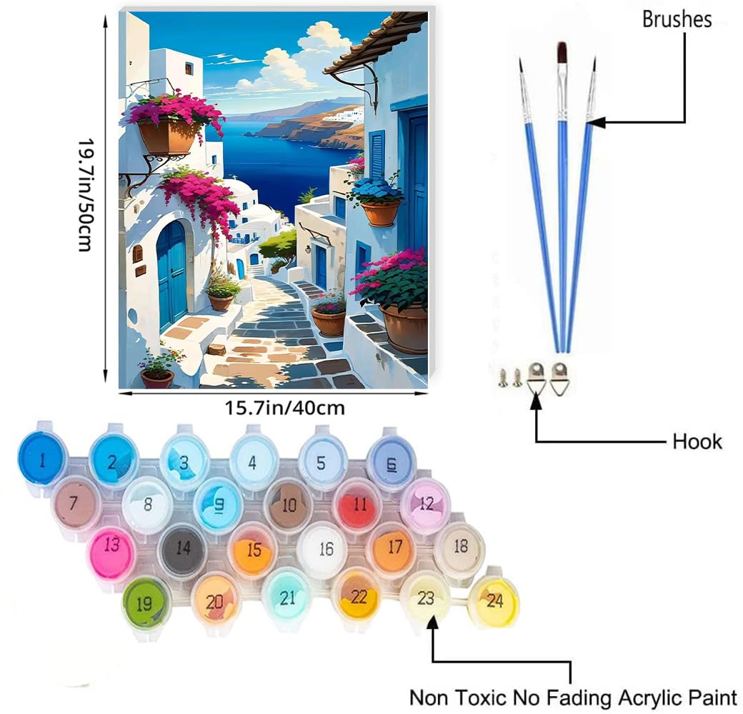 JUJUHOOD Sunset Santorini Paint by Numbers Kit for Adults,Landscape Adult Paint by Number Kits,Adult Paint by Number Canvas with Paintbrushes and Acrylic Pigment 16x20 inch JUJUHOOD